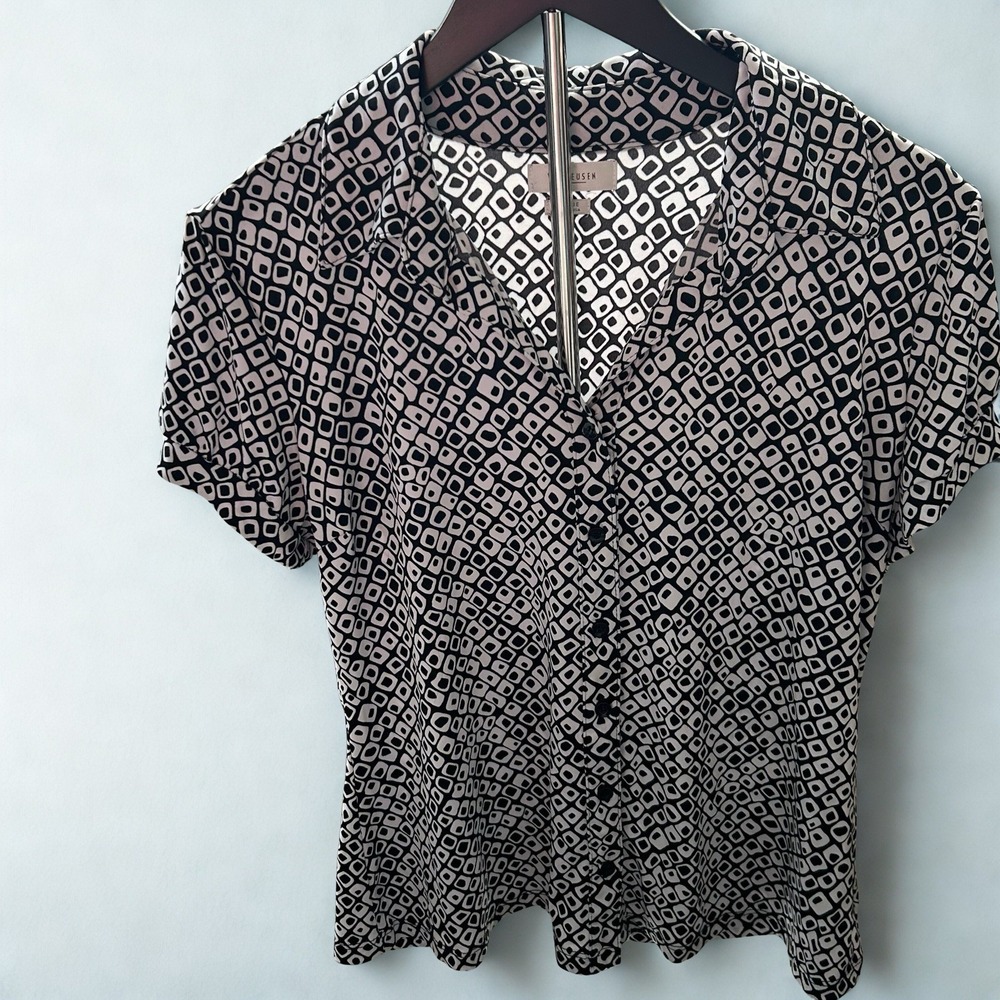 Van Heusen Womens Black White Geometric Square Print Short Sleeve Blouse Large